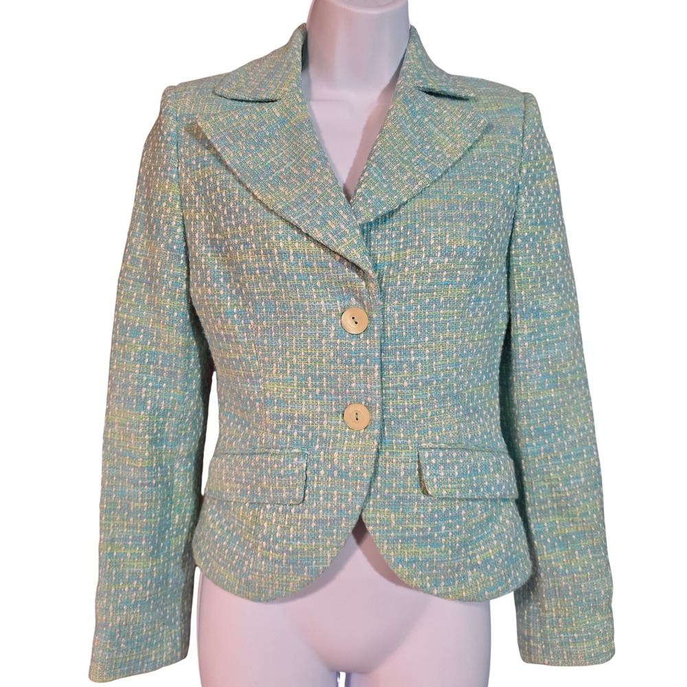 Per Una Made in Italy Blue Green Tweed Blazer Jacket Size 8 Notched Lapel Spring